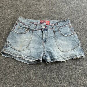 Lazer Jeans Denim Shorts Womens Size 5 Blue Ramie Cotton Red Stitch Y2K Frayed